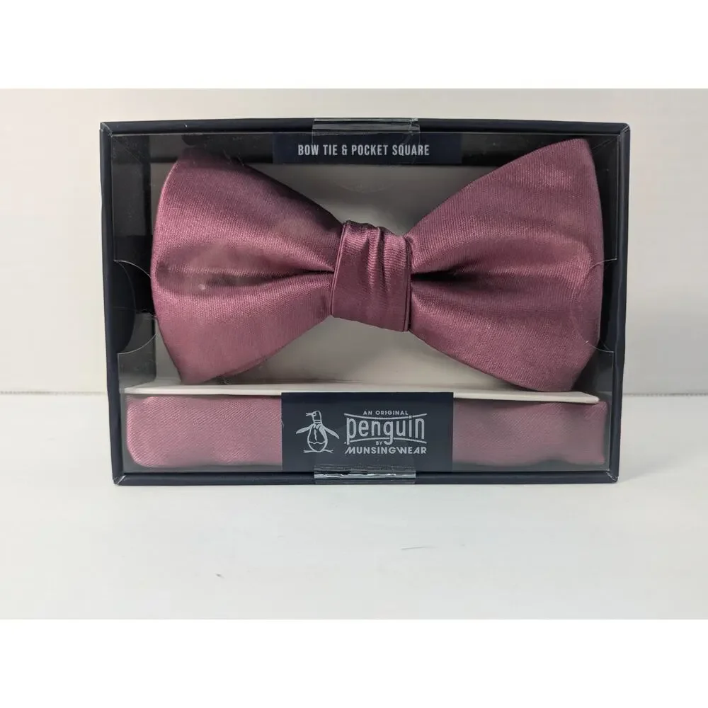 Original Penguin Bow Tie & Pocket Square‎ Set Choice of White or Plum / Eggplant